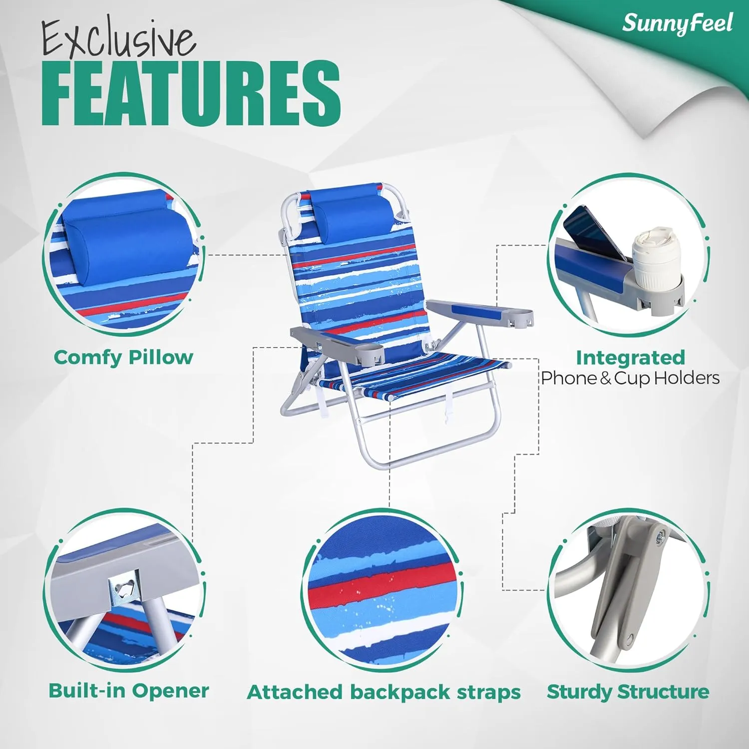 SUNNYFEEL Extra Wide Low Beach Chair 5 Position Lay Flat 500 LBS Heavy Duty, XL Oversized Portable Folding Camping Chairs with Cup Holder for Outdoor/Trip, Lightweight Backpack Beach Chair for Adults