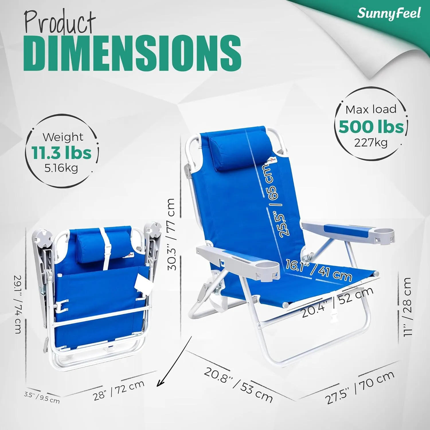 SUNNYFEEL Low Folding Beach Chair 2 Pack for Adults 500 LBS Heavy Duty, XL Oversized Portable Sand Camping Chairs with Cup Holder for Outdoor/Trip, Lightweight Backpack Beach Chairs