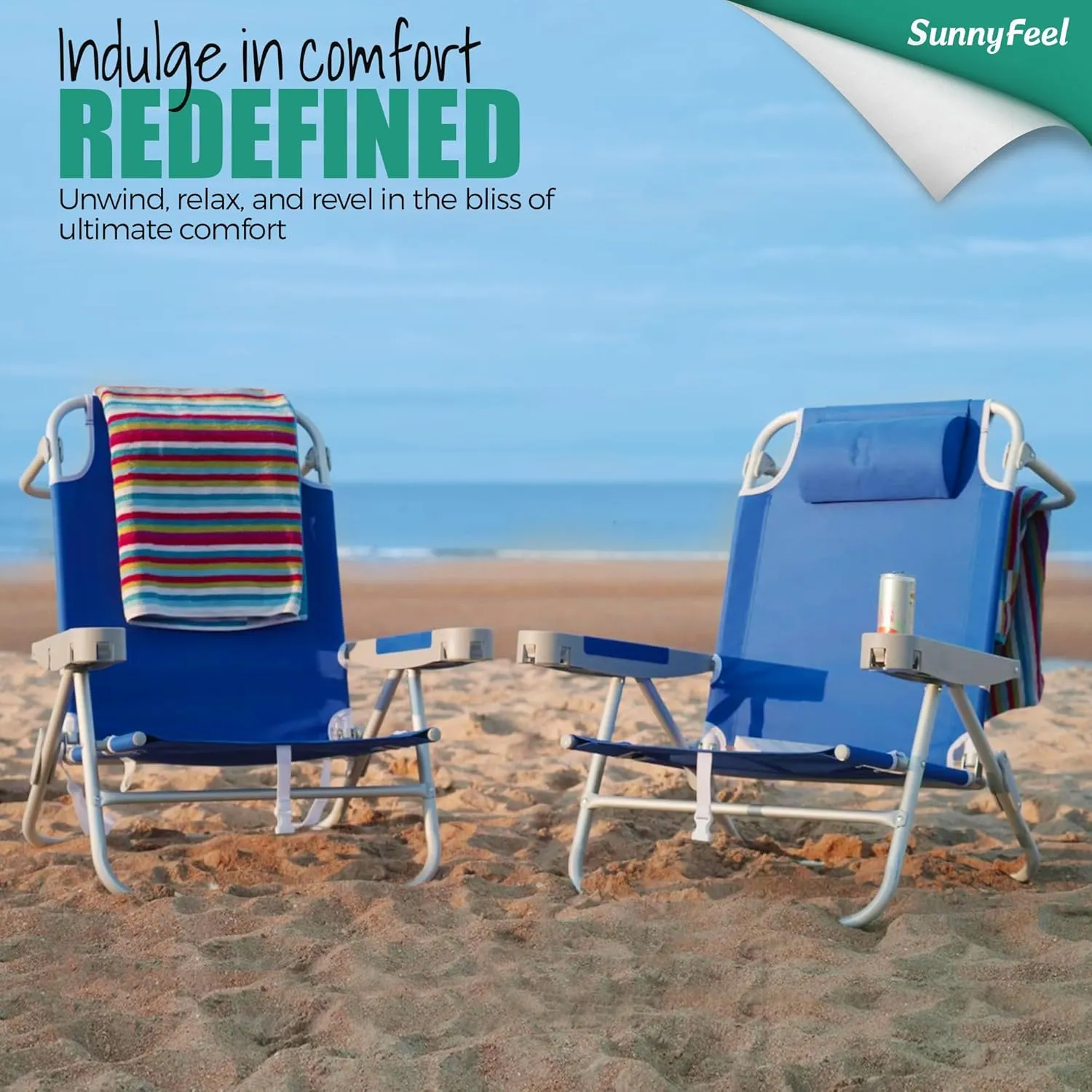 SUNNYFEEL Low Folding Beach Chair 2 Pack for Adults 500 LBS Heavy Duty, XL Oversized Portable Sand Camping Chairs with Cup Holder for Outdoor/Trip, Lightweight Backpack Beach Chairs
