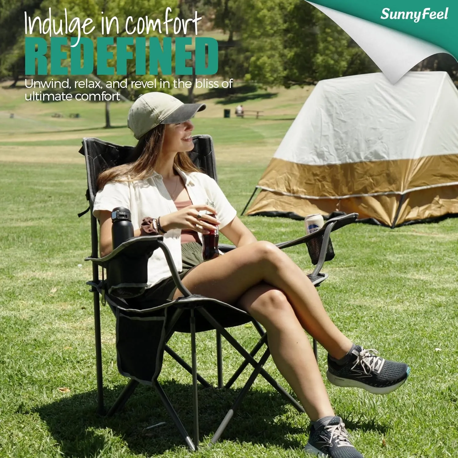 SUNNYFEEL XXL Oversized Camping Chair Heavy Duty 500 LBS for Big Tall People Above 6'4 Padded Portable Folding Sports Lawn Chairs with Armrest Cup Holder & Pocket for Outdoor/Travel/Picnic/Camp
