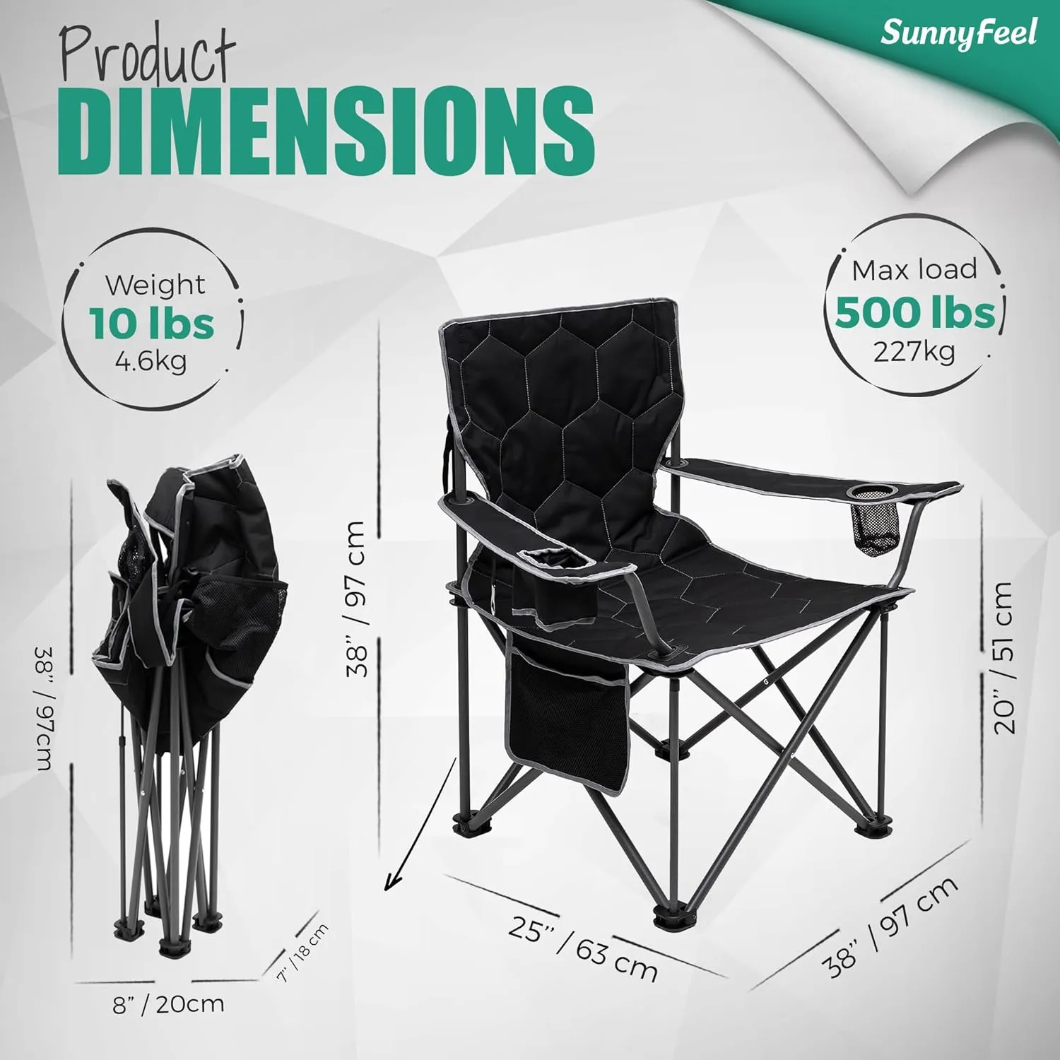 SUNNYFEEL XXL Oversized Camping Chair Heavy Duty 500 LBS for Big Tall People Above 6'4 Padded Portable Folding Sports Lawn Chairs with Armrest Cup Holder & Pocket for Outdoor/Travel/Picnic/Camp