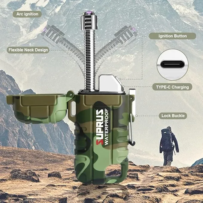 SUPRUS Waterproof Lighter Windproof Lighter Arc Plasma Lighters USB-C Rechargeable with Expandable and Flexible Neck for Outdoor, Camping & Kitchen (Camouflage)