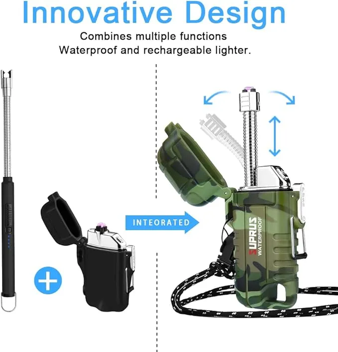 SUPRUS Waterproof Lighter Windproof Lighter Arc Plasma Lighters USB-C Rechargeable with Expandable and Flexible Neck for Outdoor, Camping & Kitchen (Camouflage)