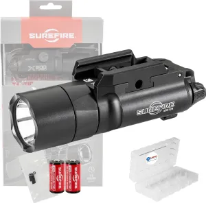 Sure Fire X300T-B Turbo Black Weapon Light High Output LED Bundle (650 Lumens) - Bundle with 4 Batteries and Battery Box - X300 Turbo Light B Pistol Light for Defense, Easy Switch Mount System