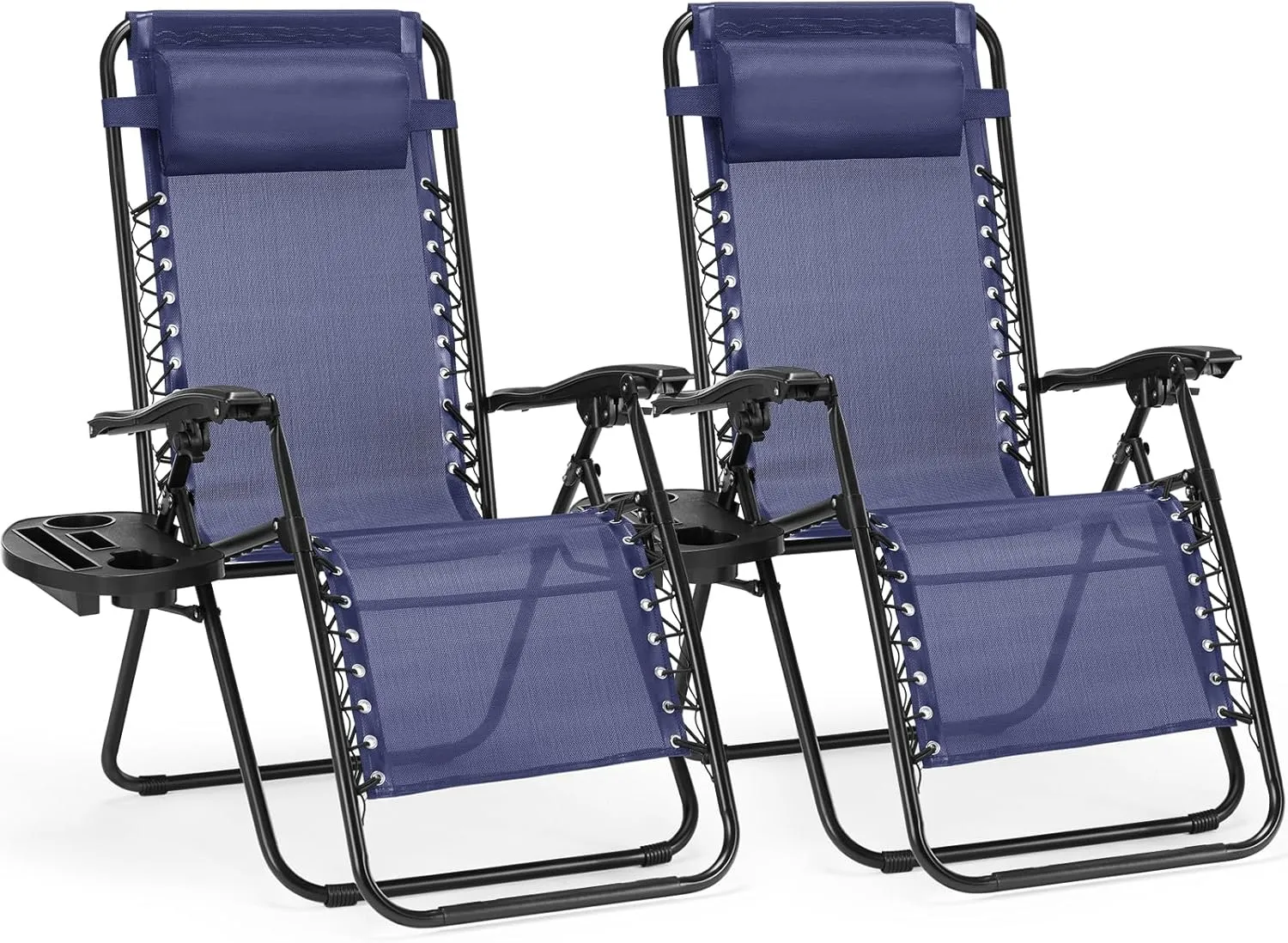Sweetcrispy Zero Gravity Chairs, Set of 2 Portable Recliner Beach Camping Patio Outdoor Folding Lounge Chair with Cup Holder Trays and Adjustable Pillow for Poolside, Garden, Backyard, Lawn (Blue)