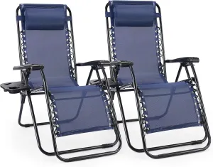 Sweetcrispy Zero Gravity Chairs, Set of 2 Portable Recliner Beach Camping Patio Outdoor Folding Lounge Chair with Cup Holder Trays and Adjustable Pillow for Poolside, Garden, Backyard, Lawn (Blue)