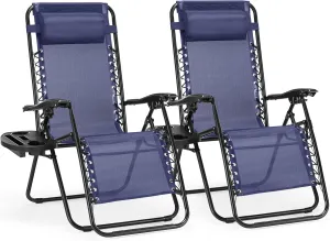 Sweetcrispy Zero Gravity Chairs, Set of 2 Portable Recliner Beach Camping Patio Outdoor Folding Lounge Chair with Cup Holder Trays and Adjustable Pillow for Poolside, Garden, Backyard, Lawn (Blue)
