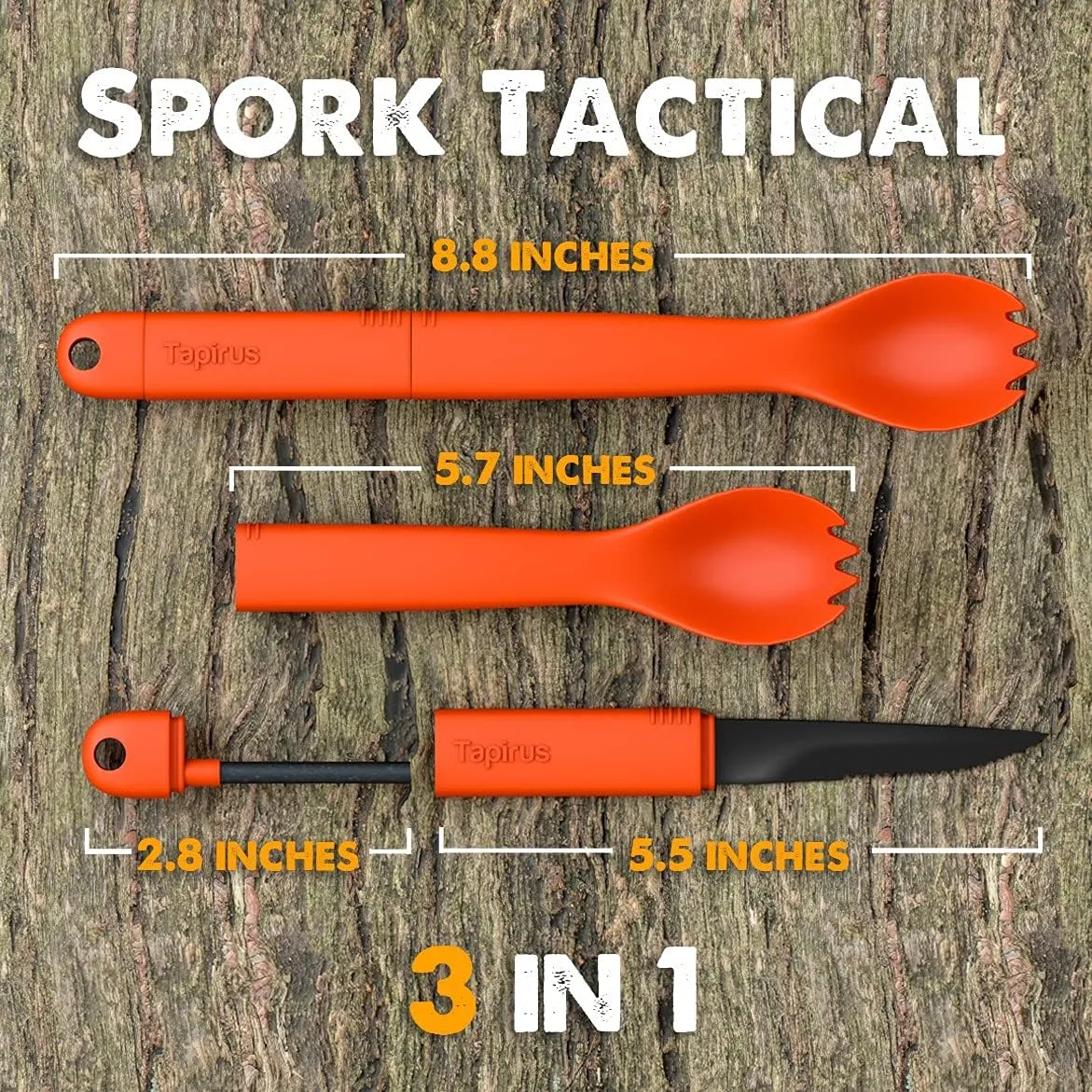 Tapirus Spork Tactical Orange | BPA Free Spoon Fork, Stainless Steel Knife and Fire Starter | 3 in 1 multipurpose utensil | Outdoor hiking, camping & backpacking gear | Fit for MRE