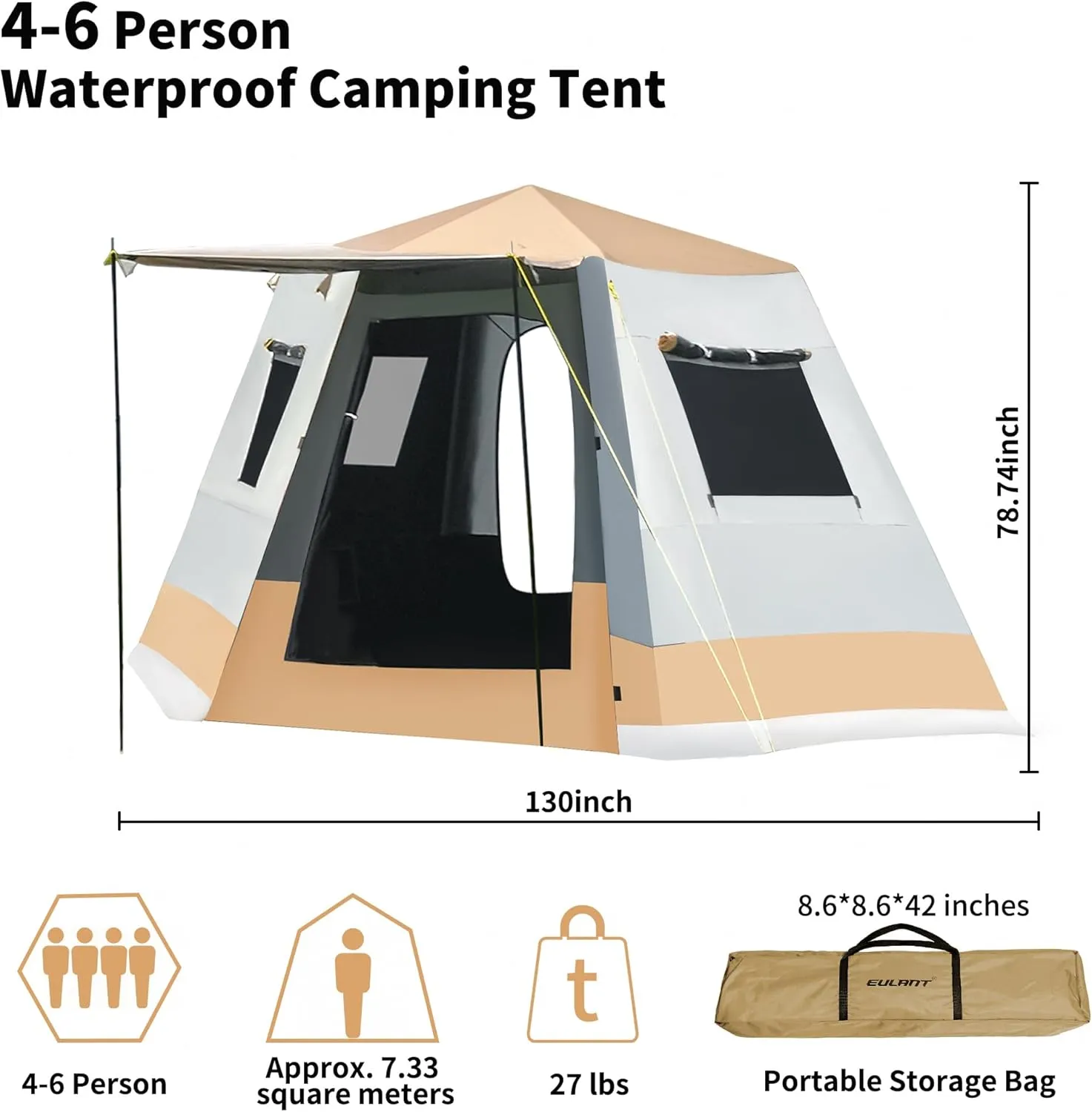 Tent for Camping, 3-6 Person Family Tents with Spacious Interior, Waterproof Tent with Carry Bag for Family Camping Traveling Hiking Picnic