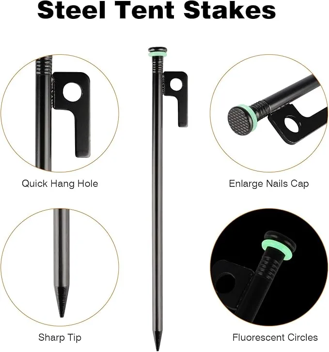 Tent Stakes Heavy Duty & Hammer Set,with 12in Tent Stake Remover  10 in Steel Tent Pegs Storage Bag  Fluorescent Rubber Circle for Camping Used on Rocks, Grassland,Canopies (10"- 4pack & 12" Hammer)