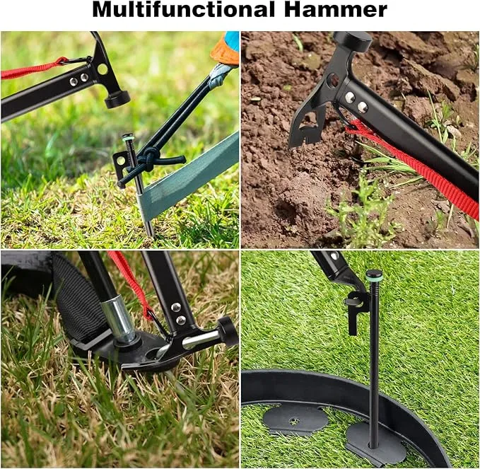 Tent Stakes Heavy Duty & Hammer Set,with 12in Tent Stake Remover  10 in Steel Tent Pegs Storage Bag  Fluorescent Rubber Circle for Camping Used on Rocks, Grassland,Canopies (10"- 4pack & 12" Hammer)