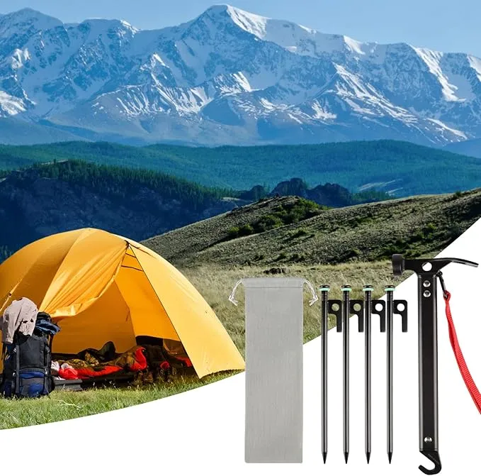 Tent Stakes Heavy Duty & Hammer Set,with 12in Tent Stake Remover  10 in Steel Tent Pegs Storage Bag  Fluorescent Rubber Circle for Camping Used on Rocks, Grassland,Canopies (10"- 4pack & 12" Hammer)