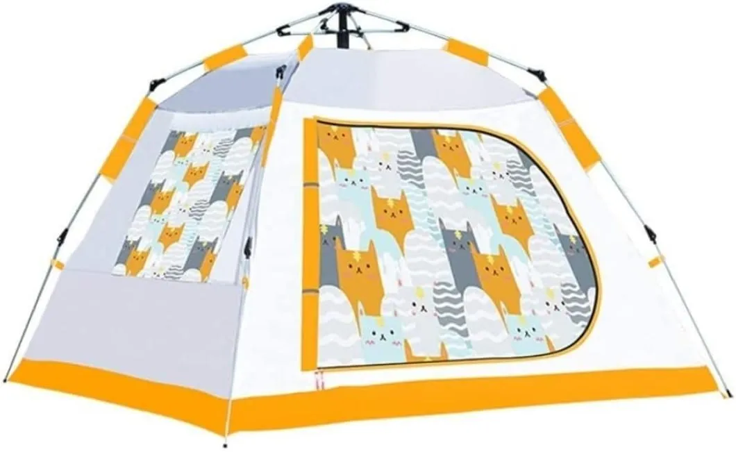 Tents for Camping Beach Tents Automatic Pop Up Tent Family Cat Pattern Camping Tent 3-4 Person with 3 Mesh Windows Waterproof Instant Outdoor Tent Family Tents for Camping Hiking Traveling