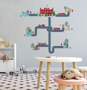 The City - Fire Station Decoration Multicolored Design Vinyl Wall Decal - Stick & Peel Vinyl Kids Bedroom Home Living Room Art Buildings Fire Fighter Truck Adhesive Wall Decor Sticker 22.6" x 23.2"