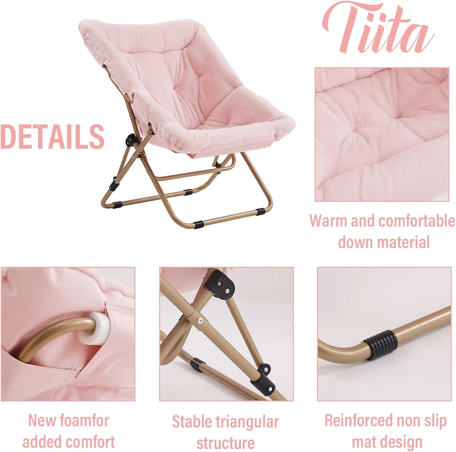 Tiita Comfy Folded Chair, Soft Faux Fur Oversized Folding Accent Chair, Lounge Lazy Chair for Kids Teens Adults, Metal Frame Moon Chair for Bedroom, Living Room, Dorm Rooms, X-Large Pink