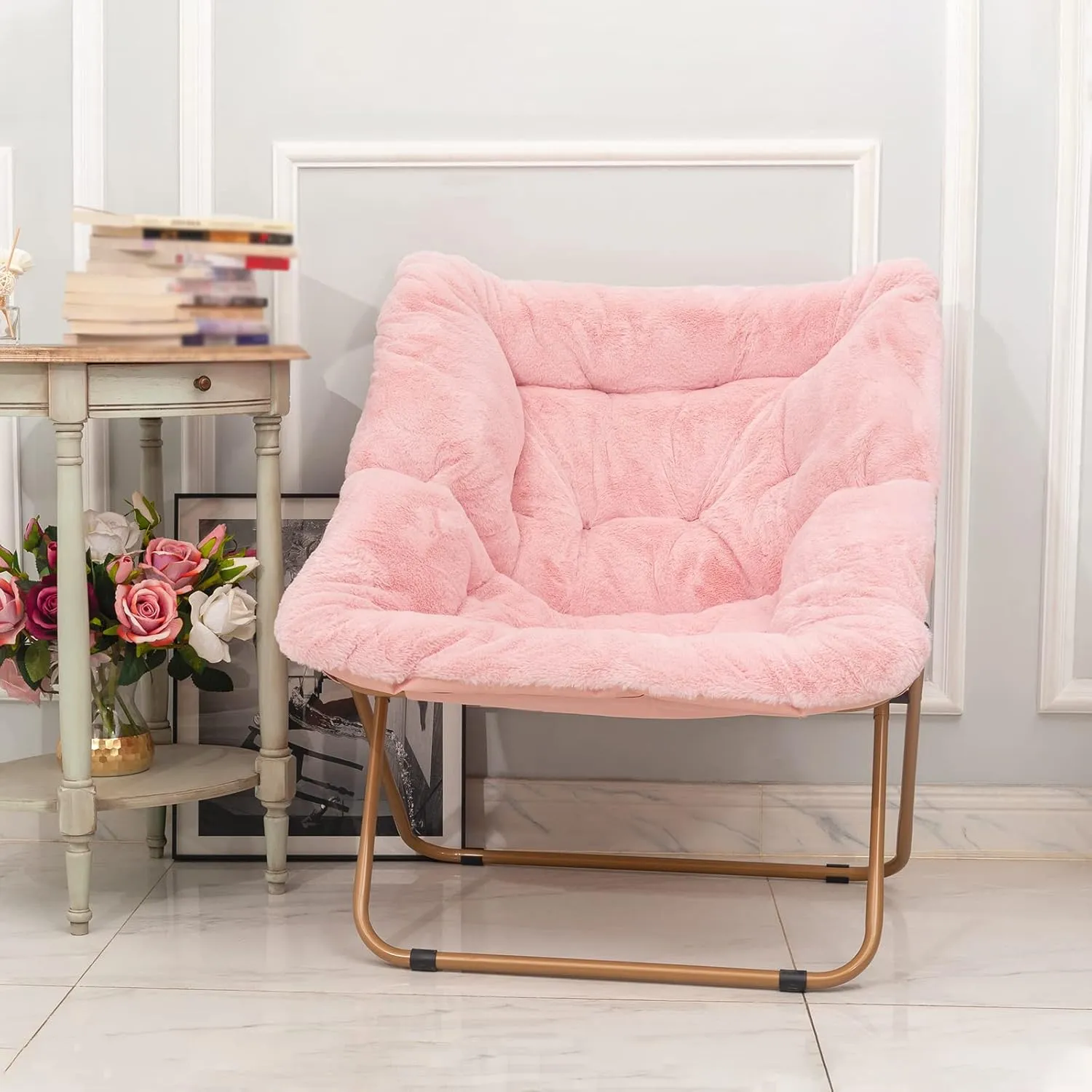 Tiita Comfy Folded Chair, Soft Faux Fur Oversized Folding Accent Chair, Lounge Lazy Chair for Kids Teens Adults, Metal Frame Moon Chair for Bedroom, Living Room, Dorm Rooms, X-Large Pink