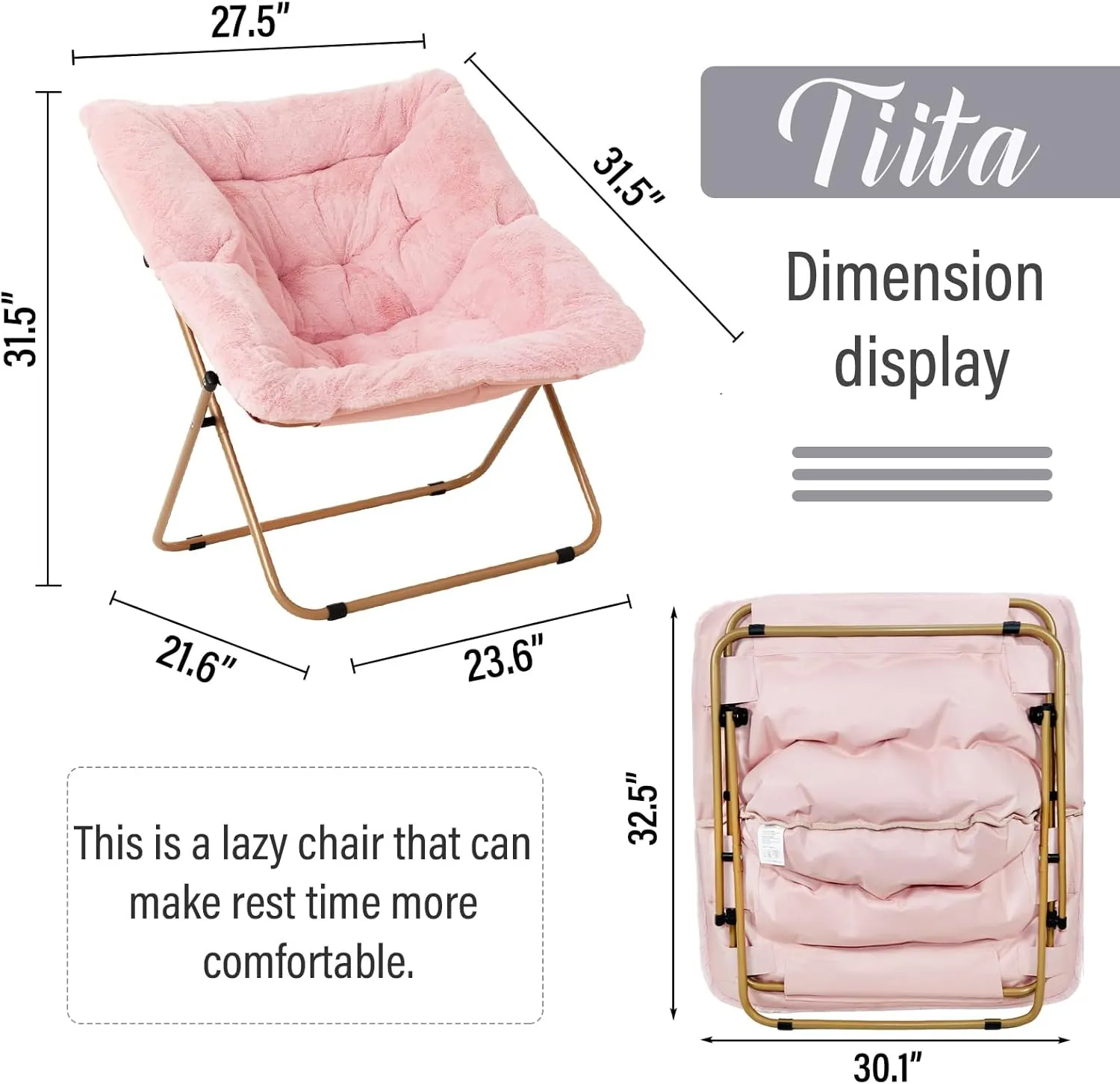 Tiita Comfy Folded Chair, Soft Faux Fur Oversized Folding Accent Chair, Lounge Lazy Chair for Kids Teens Adults, Metal Frame Moon Chair for Bedroom, Living Room, Dorm Rooms, X-Large Pink