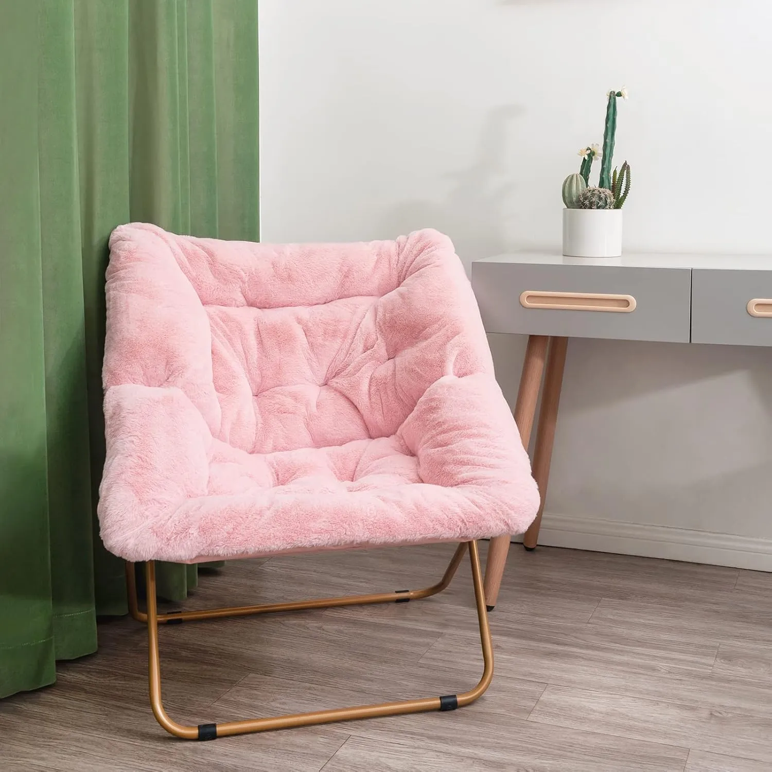 Tiita Comfy Folded Chair, Soft Faux Fur Oversized Folding Accent Chair, Lounge Lazy Chair for Kids Teens Adults, Metal Frame Moon Chair for Bedroom, Living Room, Dorm Rooms, X-Large Pink