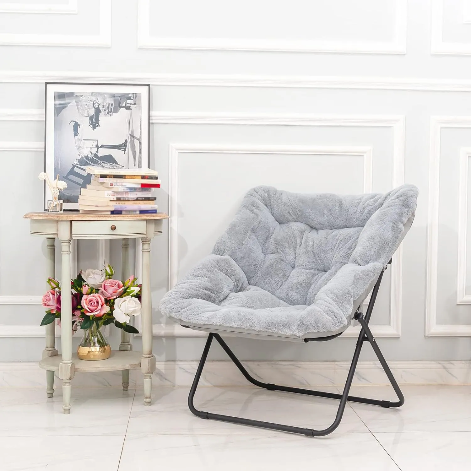 Tiita Comfy Saucer Chair, Soft Faux Fur Oversized Folding Accent Chair, Lounge Lazy Chair for Kids Teens Adults, Metal Frame Moon Chair for Bedroom, Living Room, Dorm Rooms, X-Large, Grey