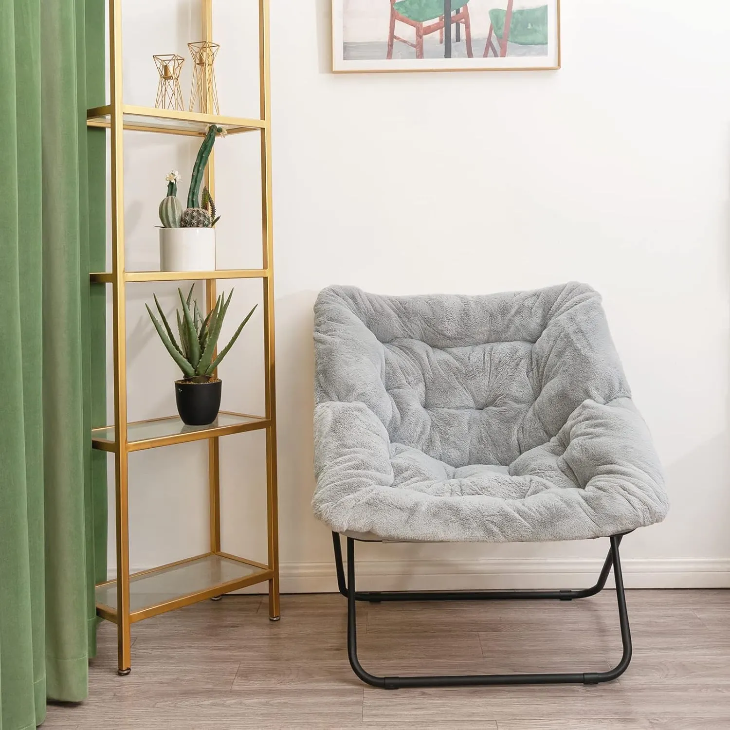 Tiita Comfy Saucer Chair, Soft Faux Fur Oversized Folding Accent Chair, Lounge Lazy Chair for Kids Teens Adults, Metal Frame Moon Chair for Bedroom, Living Room, Dorm Rooms, X-Large, Grey