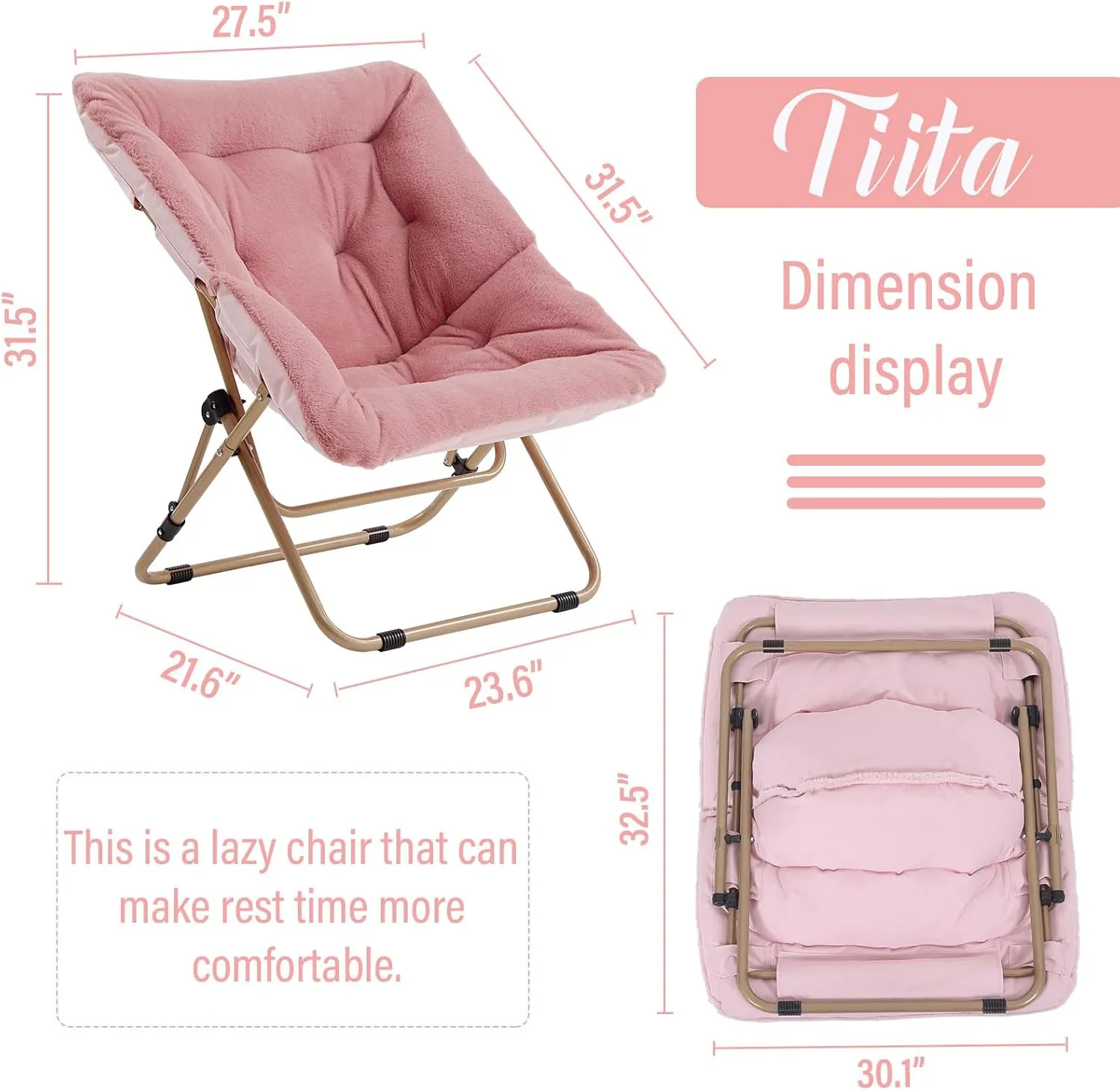 Tiita Comfy Saucer Chair, Soft Faux Fur Oversized Folding Accent Chair, Lounge Lazy Chair for Teens Adults, Metal Frame Moon Chair for Bedroom, Living Room, Dorm Rooms
