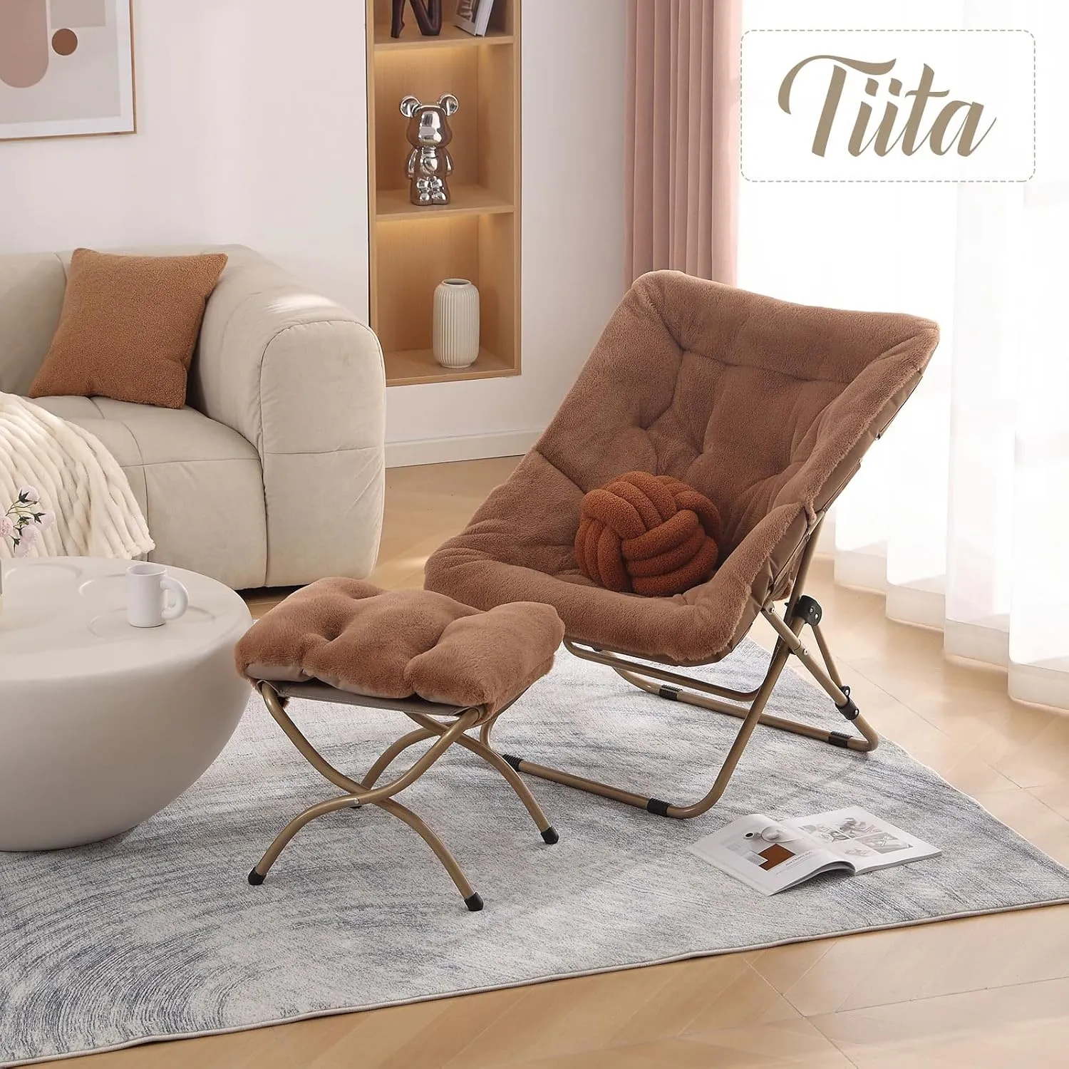 Tiita Saucer Chair with Ottoman, Soft Faux Fur Oversized Folding Accent Chair,Lounge Lazy Chair, Metal Frame Moon Chair for Bedroom, Living Room, Dorm Rooms, Garden and Courtyard