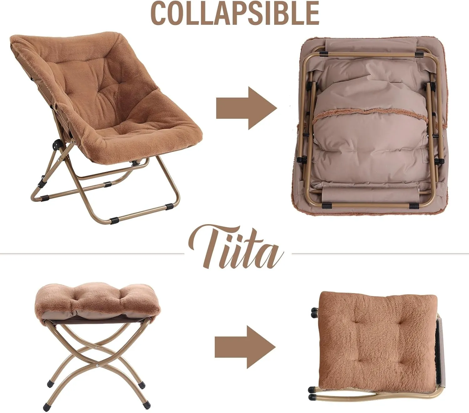 Tiita Saucer Chair with Ottoman, Soft Faux Fur Oversized Folding Accent Chair,Lounge Lazy Chair, Metal Frame Moon Chair for Bedroom, Living Room, Dorm Rooms, Garden and Courtyard
