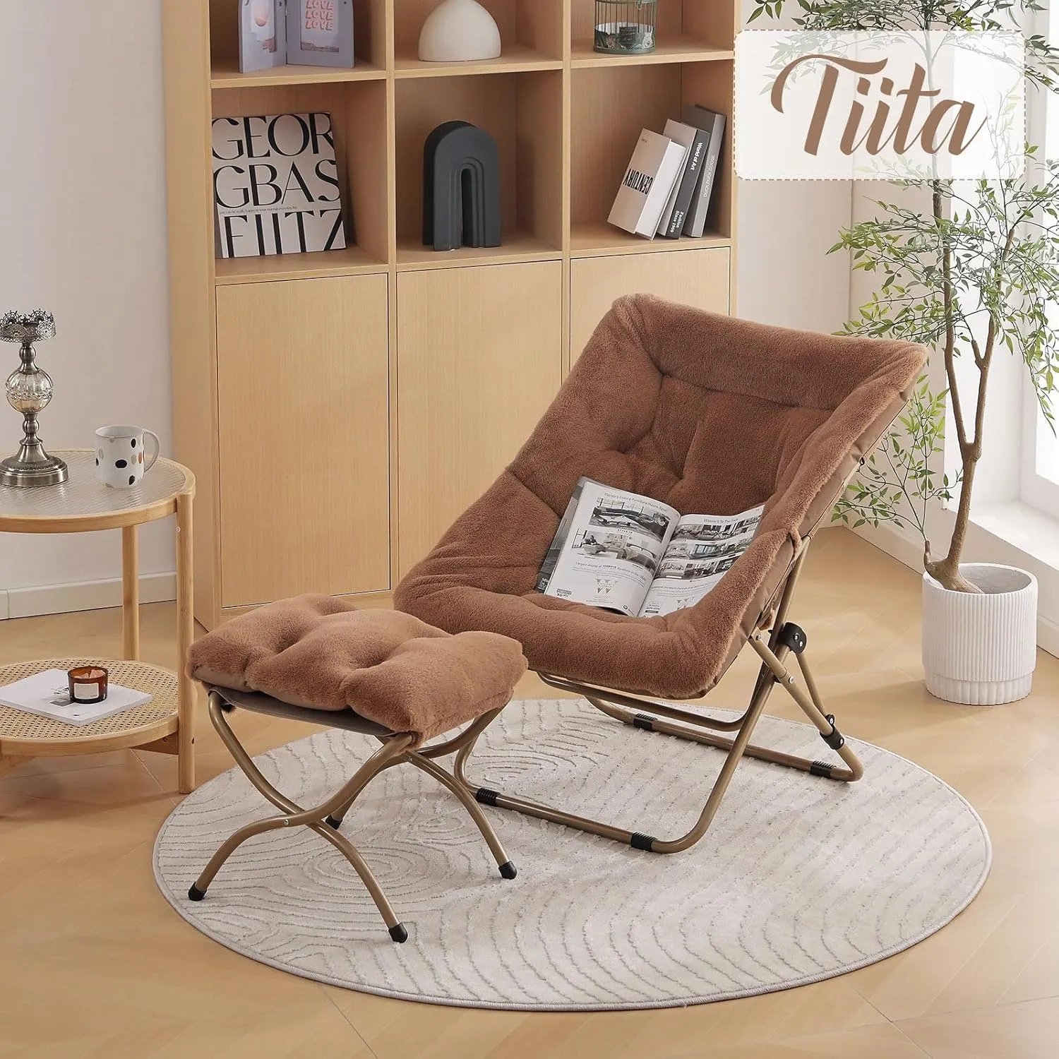 Tiita Saucer Chair with Ottoman, Soft Faux Fur Oversized Folding Accent Chair,Lounge Lazy Chair, Metal Frame Moon Chair for Bedroom, Living Room, Dorm Rooms, Garden and Courtyard