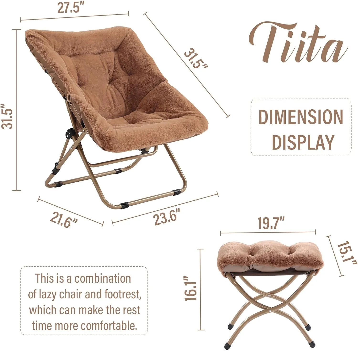 Tiita Saucer Chair with Ottoman, Soft Faux Fur Oversized Folding Accent Chair,Lounge Lazy Chair, Metal Frame Moon Chair for Bedroom, Living Room, Dorm Rooms, Garden and Courtyard