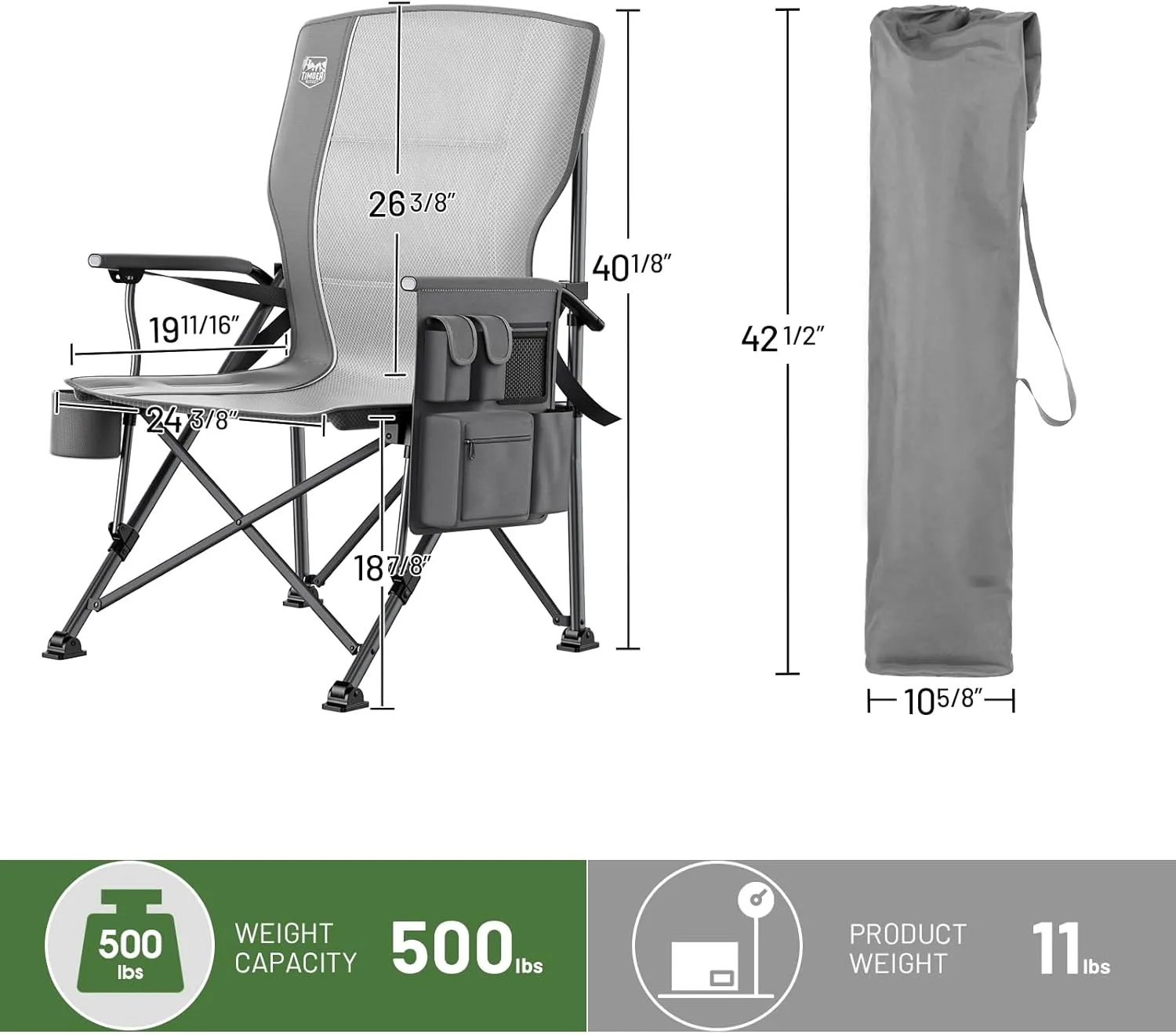 TIMBER RIDGE Oversized Folding Camping Chair with Lumbar Support Adjustable High Back Heavy Duty for Adults Aluminum Support up to 500lbs with Cup Holder, Cooler Bag, Side Pocket