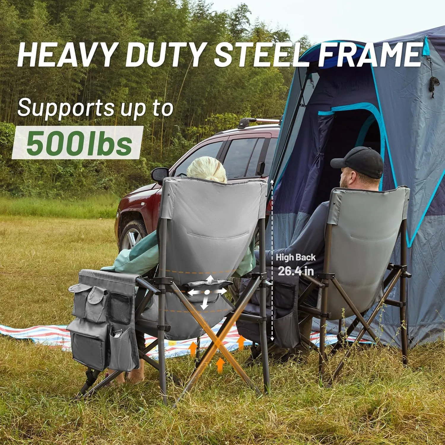 TIMBER RIDGE Oversized Folding Camping Chair with Lumbar Support Adjustable High Back Heavy Duty for Adults Aluminum Support up to 500lbs with Cup Holder, Cooler Bag, Side Pocket