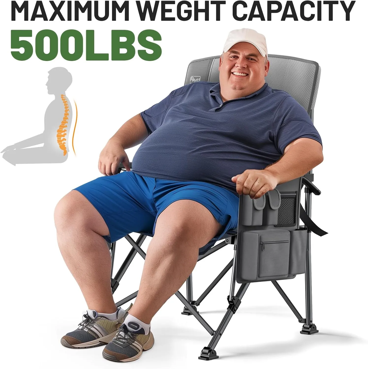TIMBER RIDGE Oversized Folding Camping Chair with Lumbar Support Adjustable High Back Heavy Duty for Adults Aluminum Support up to 500lbs with Cup Holder, Cooler Bag, Side Pocket