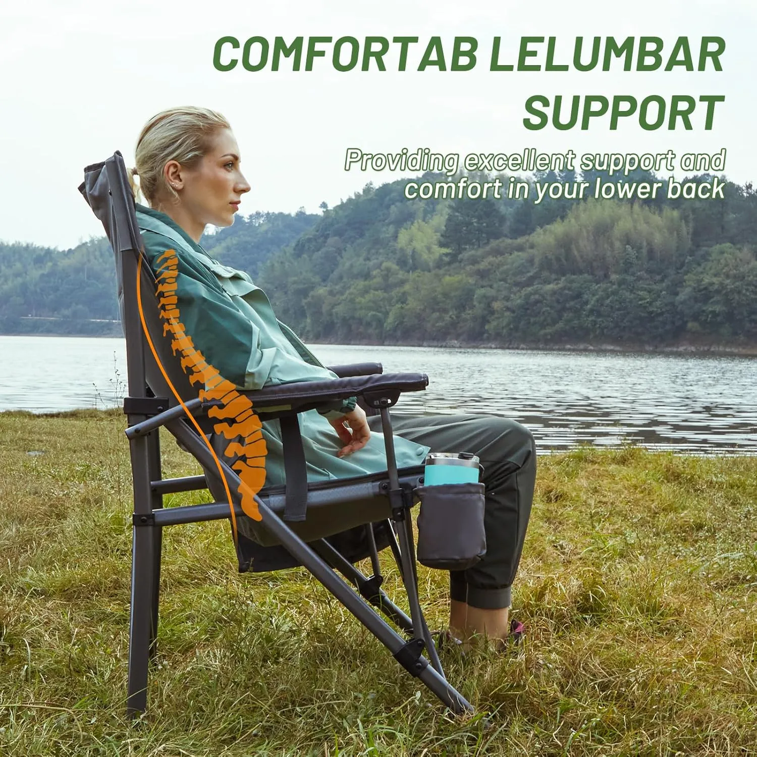 TIMBER RIDGE Oversized Folding Camping Chair with Lumbar Support Adjustable High Back Heavy Duty for Adults Aluminum Support up to 500lbs with Cup Holder, Cooler Bag, Side Pocket