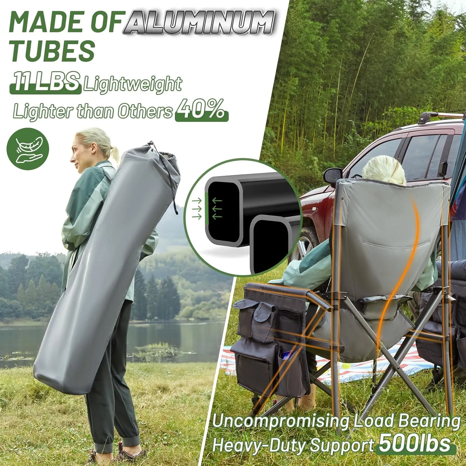 TIMBER RIDGE Oversized Folding Camping Chair with Lumbar Support Adjustable High Back Heavy Duty for Adults Aluminum Support up to 500lbs with Cup Holder, Cooler Bag, Side Pocket