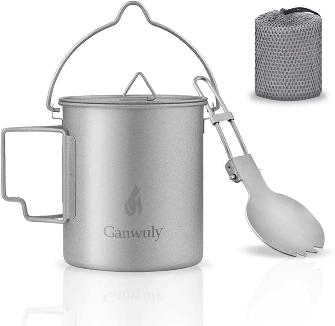 Titanium 750ml Pot with Bail Handle, Titanium Camping Cookware with Lid and Spork, Camping Coffee Cup with Foldable Handle for Outdoor Camping Hiking Backpacking