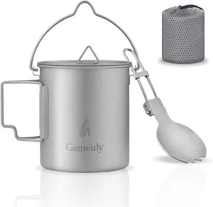 Titanium 750ml Pot with Bail Handle, Titanium Camping Cookware with Lid and Spork, Camping Coffee Cup with Foldable Handle for Outdoor Camping Hiking Backpacking