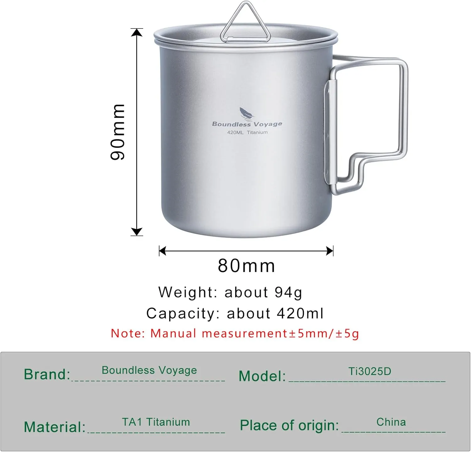 Titanium Cup Portable Camping Picnic Water Cup with Lid Outdoor Ultralight Camping Drinking Cup Mug Picnic Cutlery Cookware Ti3025d