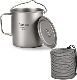 Titanium Pot 750ml/25.4oz Camping Coffee Mug Ultralight Titanium Cup with Foldable Handle & Lid, Portable Outdoor Titanium Mug Camping Water Mug Tableware for Backpacking Hiking Cooking