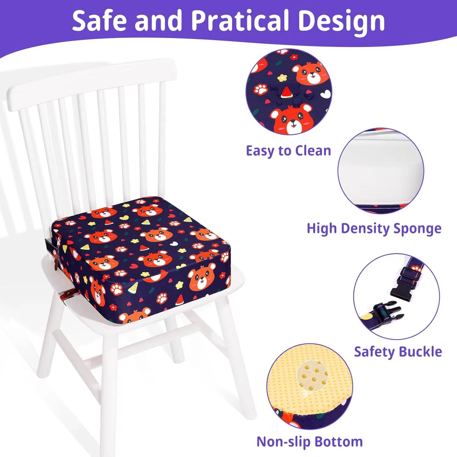 Toddler Booster Seat for Kitchen Chair, Non-Slip Kids Dining Table Booster Seat with Adjustable Safer Straps, Portable Baby Eating Travel Camping Increasing Cushion