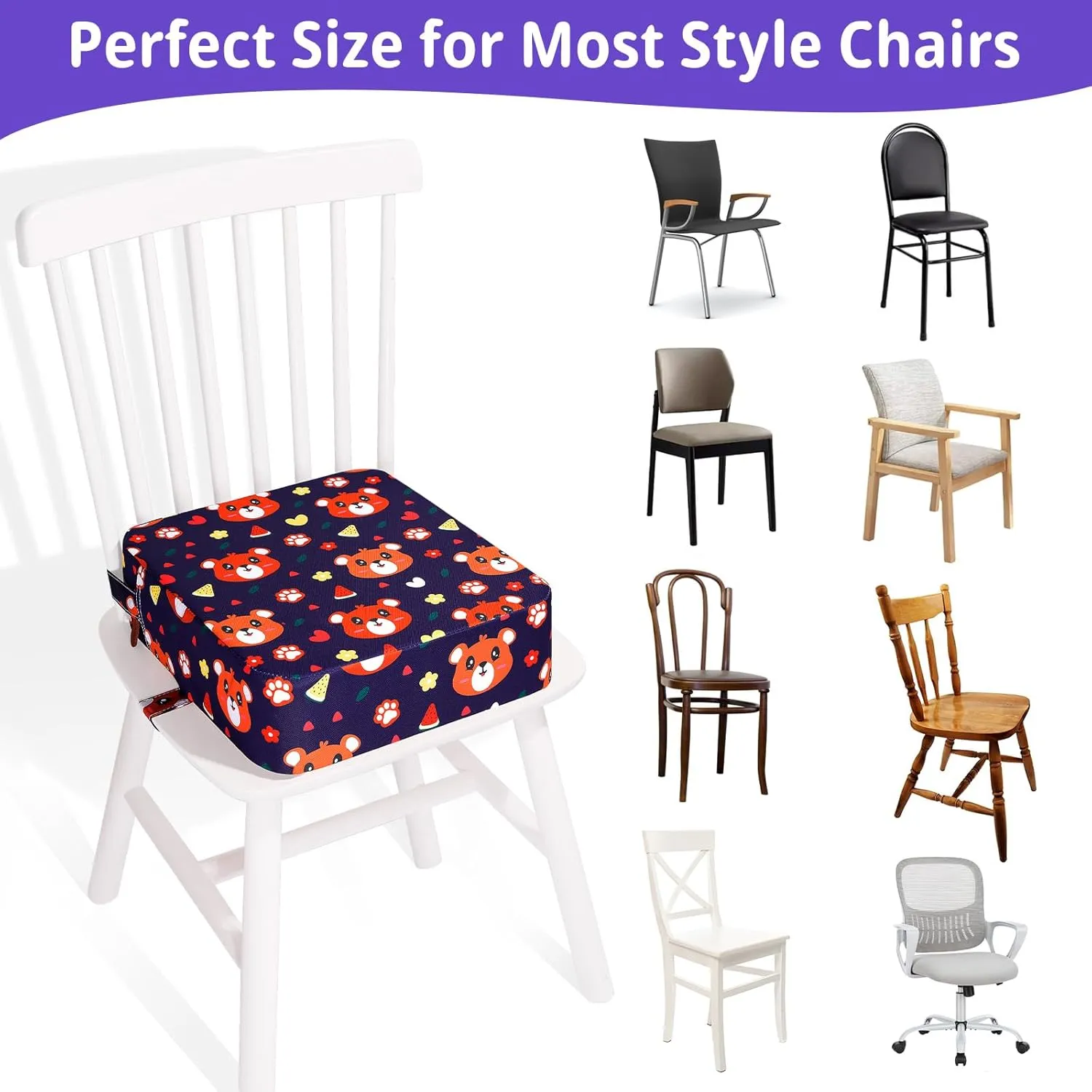 Toddler Booster Seat for Kitchen Chair, Non-Slip Kids Dining Table Booster Seat with Adjustable Safer Straps, Portable Baby Eating Travel Camping Increasing Cushion