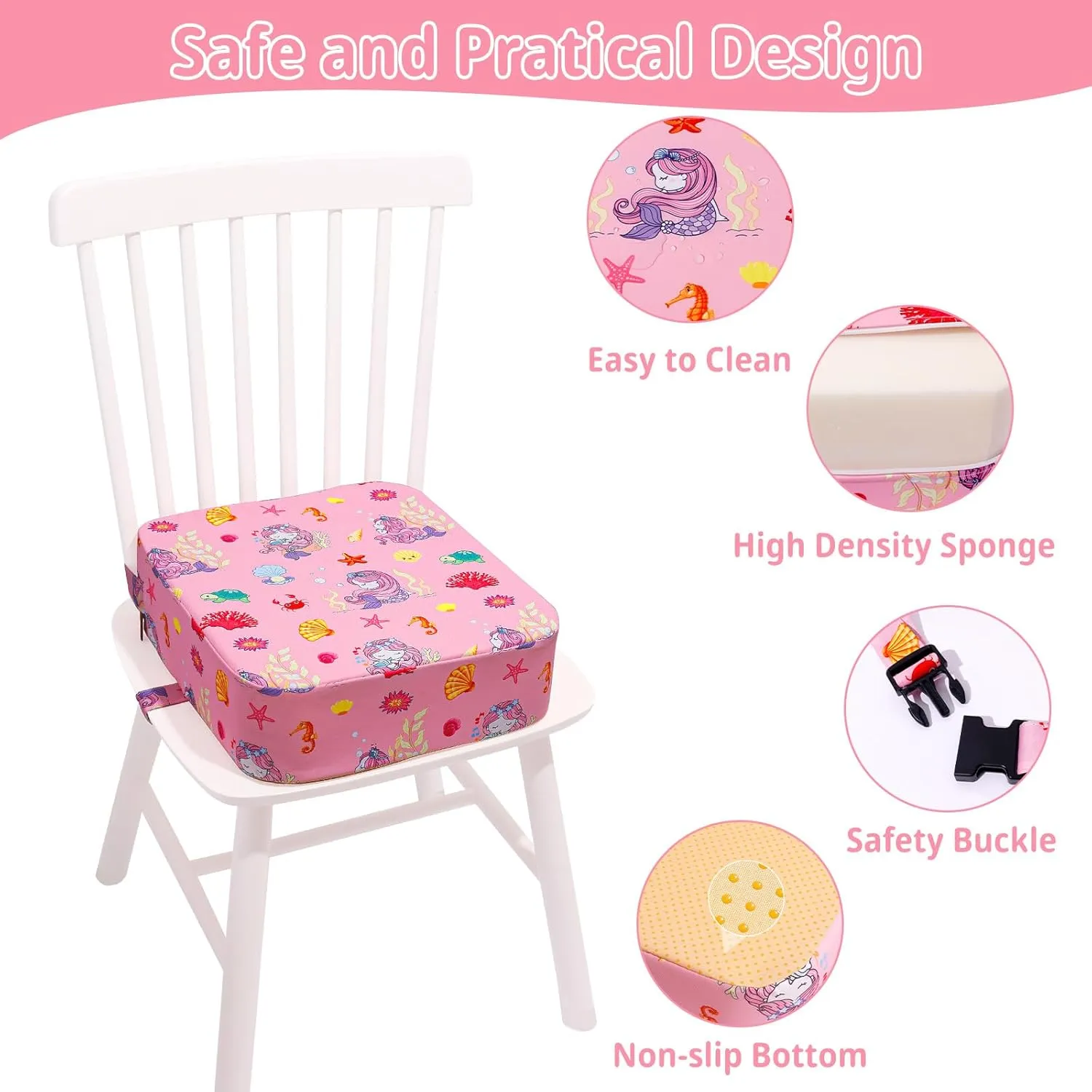 Toddler Booster Seat for Kitchen Chair, Non-Slip Kids Dining Table Booster Seat with Adjustable Safer Straps, Portable Baby Eating Travel Camping Increasing Cushion