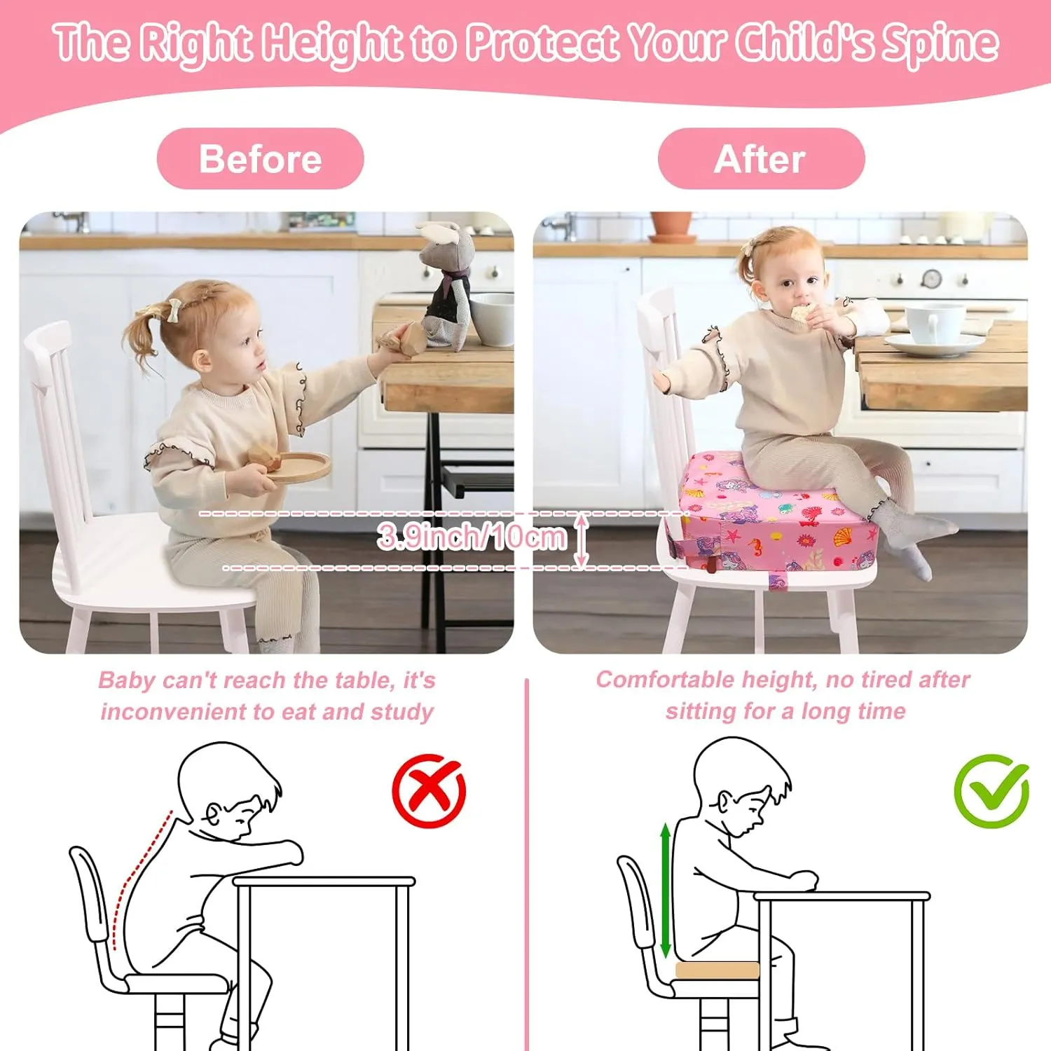 Toddler Booster Seat for Kitchen Chair, Non-Slip Kids Dining Table Booster Seat with Adjustable Safer Straps, Portable Baby Eating Travel Camping Increasing Cushion