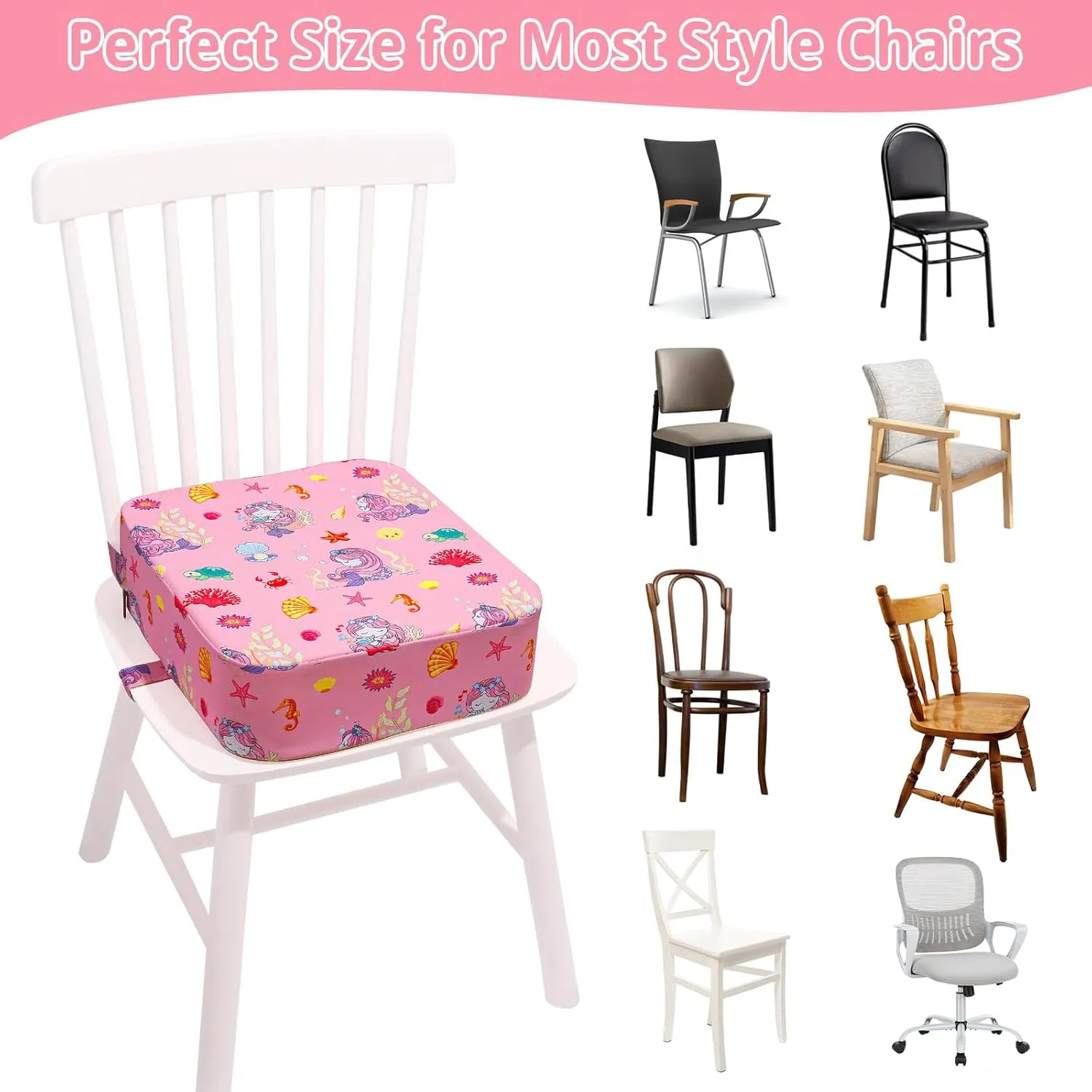 Toddler Booster Seat for Kitchen Chair, Non-Slip Kids Dining Table Booster Seat with Adjustable Safer Straps, Portable Baby Eating Travel Camping Increasing Cushion
