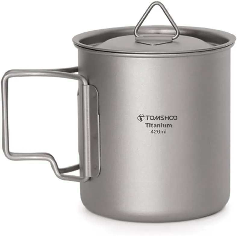 TOMSHOO Titanium Camping Pot and Outdoor Mug With Lid - Coffee Cup With Foldable Handle for Hiking, Travelling, Backpacking, and Open Fire