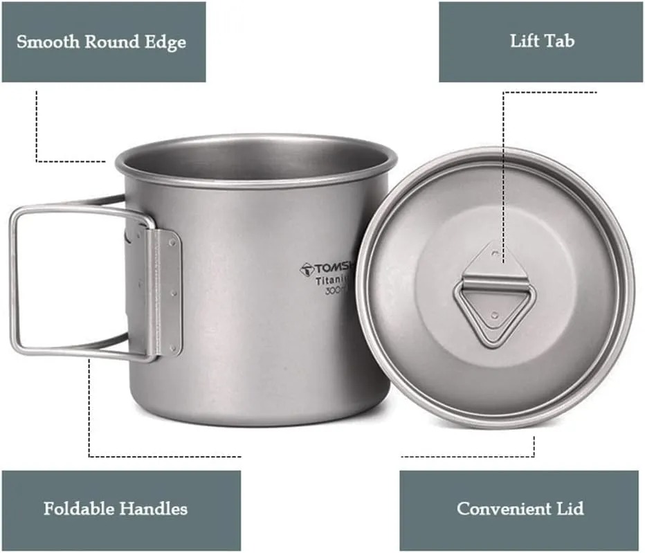 TOMSHOO Titanium Camping Pot and Outdoor Mug With Lid - Coffee Cup With Foldable Handle for Hiking, Travelling, Backpacking, and Open Fire