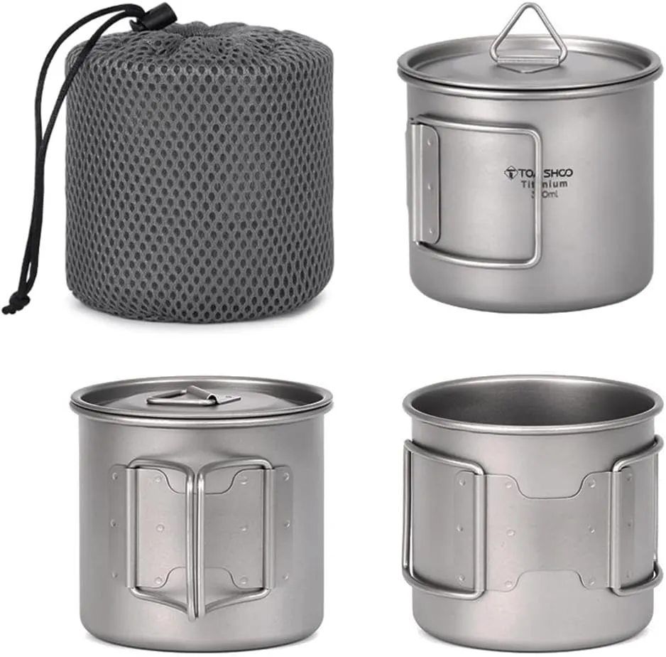TOMSHOO Titanium Camping Pot and Outdoor Mug With Lid - Coffee Cup With Foldable Handle for Hiking, Travelling, Backpacking, and Open Fire