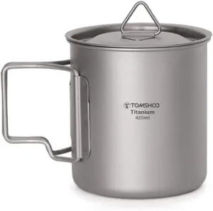 TOMSHOO Titanium Camping Pot and Outdoor Mug With Lid - Coffee Cup With Foldable Handle for Hiking, Travelling, Backpacking, and Open Fire
