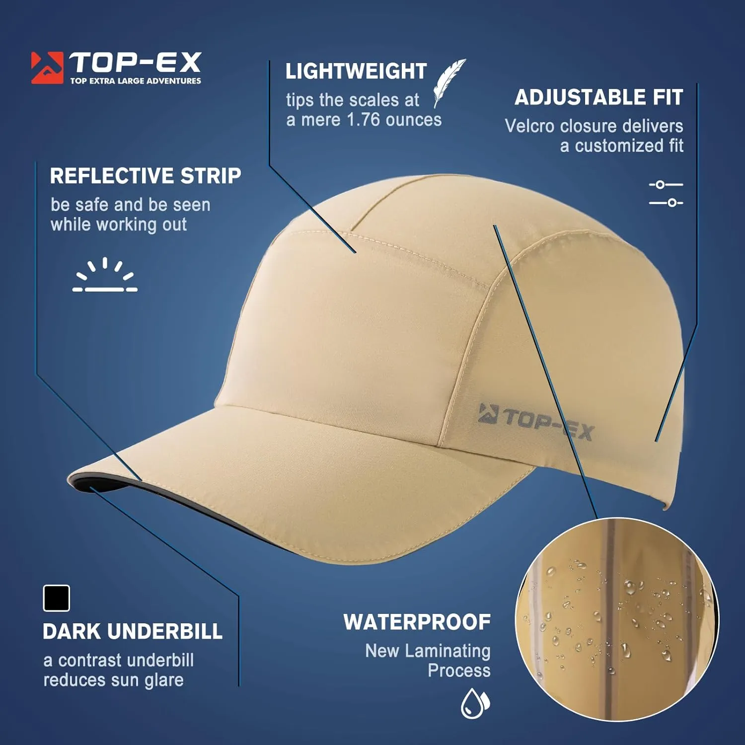 TOP-EX L/XL/XXL 5-Panel Water-Resistant Baseball Performance Cap Running Golf