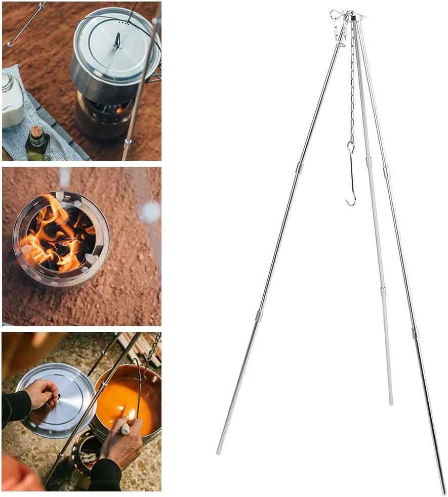 Topyond Portable Outdoor Campfire Cooking Tripod, Adjustable Hang Chain, Hang Pot Grill Stand, Cookware Accessory for Camping Enthusiasts Hiking, Picnics