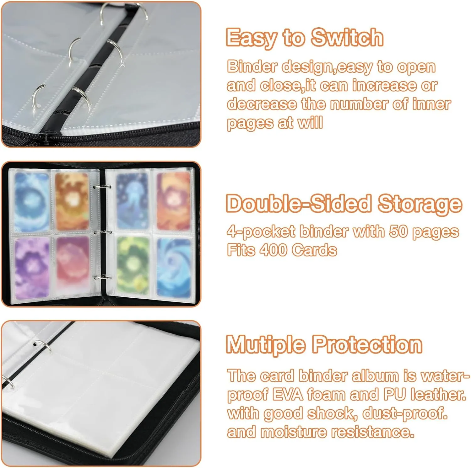Trading Card Binder 4 Pocket, Collectible Trading Card Albums Fits 400 Cards with 50 Removable Sleeves,Waterproof Card Holder Album for TCG, MTG, Sports Cards(Dragon Mega Evolution, 400P)